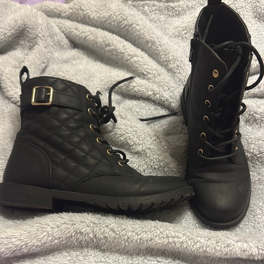 Black Quilted Lace-Up Ankle Boots